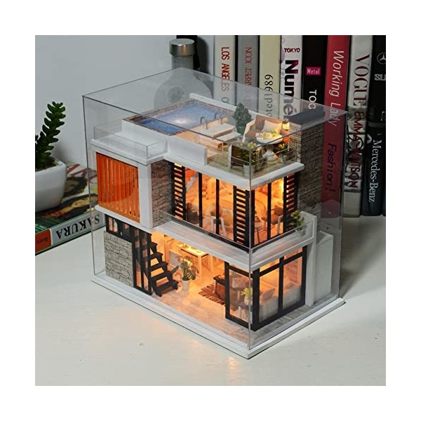 Maison de poupée miniature à faire soi-même - Villa moderne - 1:24 - Puzzle en bois avec lumière LED - Couvercle anti-poussiè