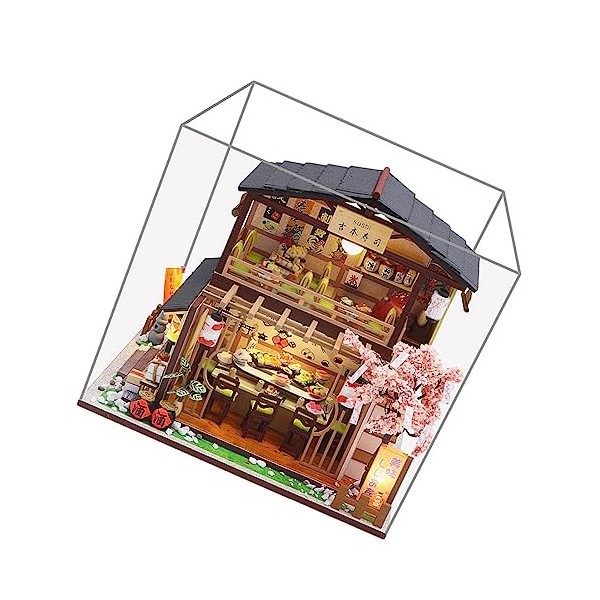 maison miniature, maison poupée miniature 3D | Ampoules LED Sushi Restaurant Housse anti-poussière et colle, maison poupée en