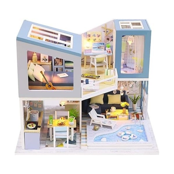 Kit de Maison De Poupée Bricolage, Kit de Construction de Maison Miniature, Loft Bleu, Villa, Maison de poupée avec lumières 