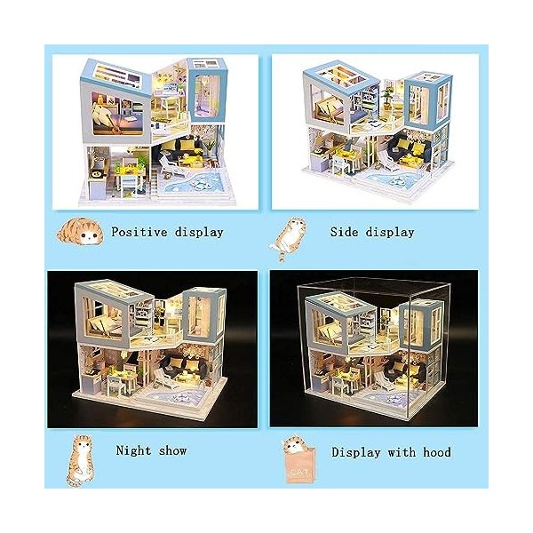 Kit de Maison De Poupée Bricolage, Kit de Construction de Maison Miniature, Loft Bleu, Villa, Maison de poupée avec lumières 