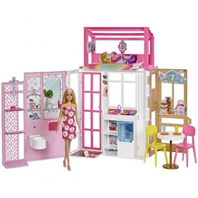 Barbie Coffret Maison et Poupée à 2 niveaux entièrement meublée avec 4 zones de jeu, chiot et accessoires, Jouet Enfant, Dès 