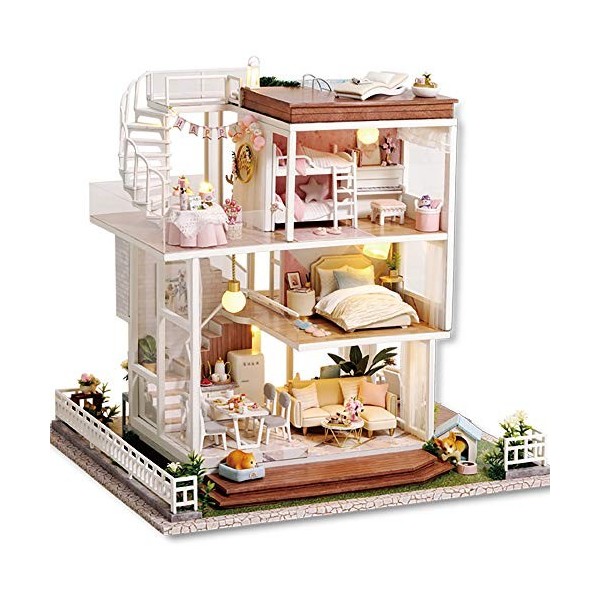 CUTEBEE Miniature avec des Meubles de Maison de poupée, kit DIY Dollhouse en Bois Ainsi Que la poussière et Le Mouvement de l