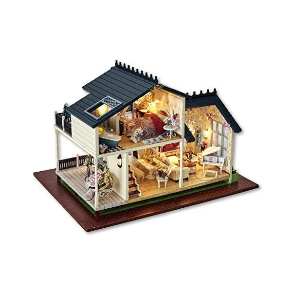 Maquette Maison Bois avec Light Music Accessoires et Meubles de Maison de Poupée Jouet Familial en Bois pour Garçons Filles A