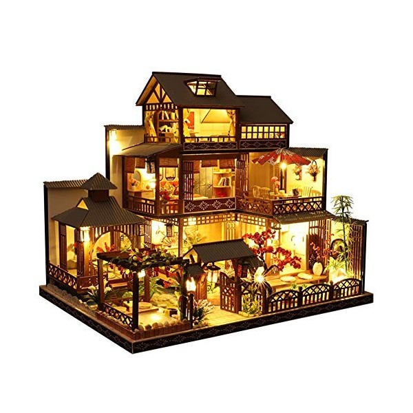 Schildeng Kit de maison de poupée miniature assemblée maison en bois faite à la main avec mouvement musical pour filles Noël 