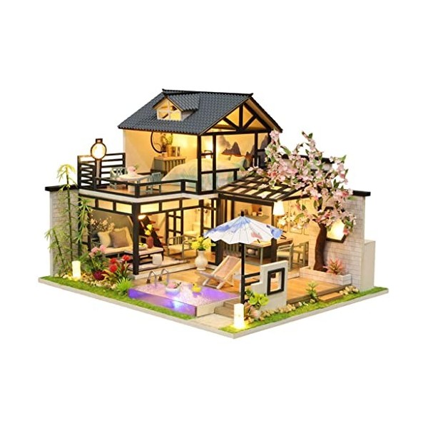 perfk Miniature de Maison de Poupée en Bois avec Meubles et Lumière LED Crafts Dollhouse 3D