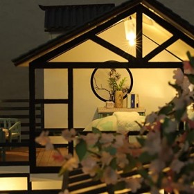 perfk Miniature de Maison de Poupée en Bois avec Meubles et Lumière LED Crafts Dollhouse 3D