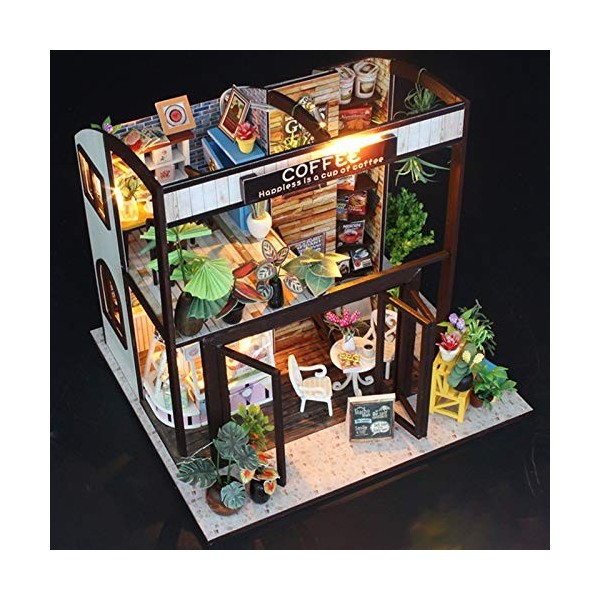 LANGWEI Dollhouse DIY Miniature Room Set, Time Cafe DIY Dollhouse Kit avec Cache-poussière et lumière LED | Modèle dassembla