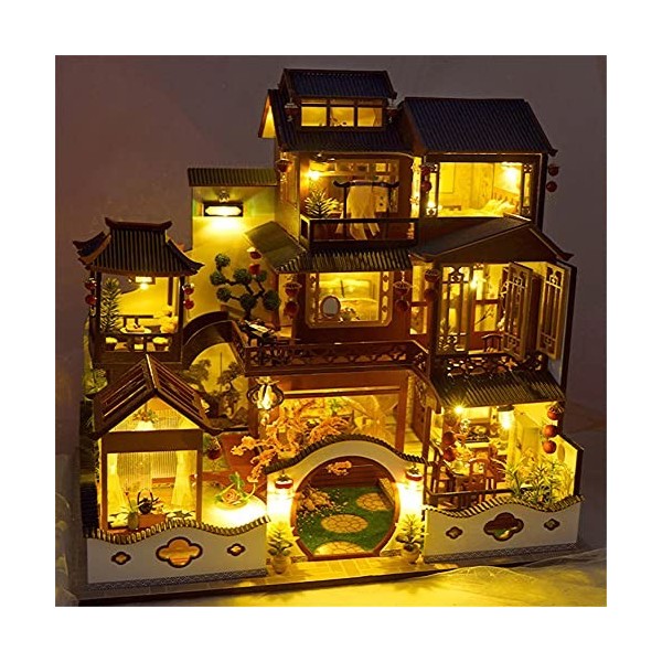 erhumama Kit de construction 3D en bois de style chinois - Décoration de maison de poupée miniature avec mouvement musical - 