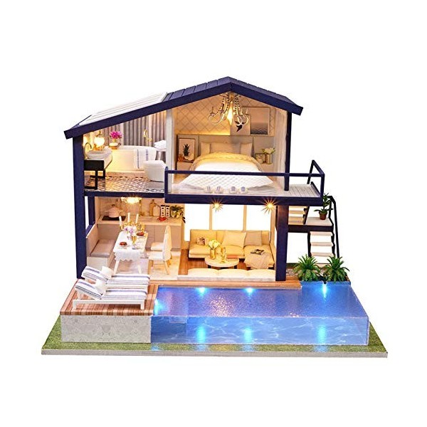 Maison De Poupée en Bois, Kit De Maison De Poupée Miniature DIY De 9,25 Pouces De Haut avec Piscine, Cuisinière, Lumière, Jou