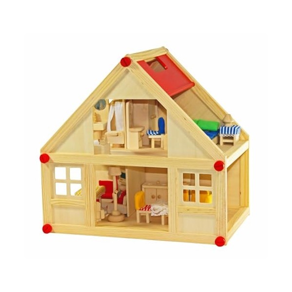 Freda Maison de poupée en bois Maison de ville + Meubles de maison de poupée + Housses – 26 pièces en bois 3 étages 40 x 25 x