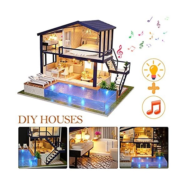 DIY Kit de Maison de Poupée Petite Maison En Bois Assemblage Manuel Décoration de la Maison avec Lumières et Musique Vacances