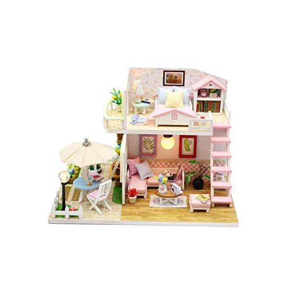 Flever Maison de poupée miniature DIY Musique Maison créative avec meubles pour cadeau romantique Saint-Valentin leurre rose