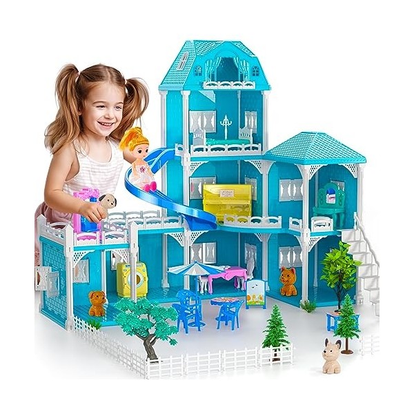 Doloowee Maison de poupée, 3 étages, maison de bricolage pour fille avec accessoires et poupées, cadeau pour enfants à partir