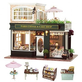 CUTEROOM Maison de Poupées en Bois Bricolage Handcraft Miniature Kit-Paris Café et gâteau Shop Model avec Tous Les Meubles, l