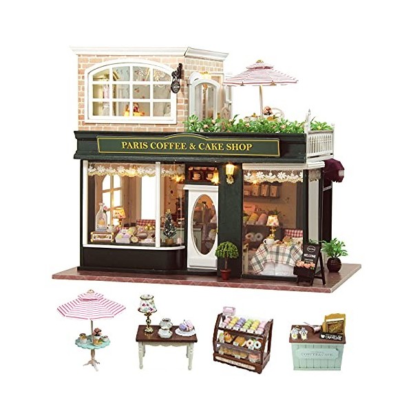 CUTEROOM Maison de Poupées en Bois Bricolage Handcraft Miniature Kit-Paris Café et gâteau Shop Model avec Tous Les Meubles, l