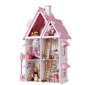 XCXDX Maison De Poupée Rose, Modèle De Maison Miniature Assemblé À La Main, Maison De Jardin avec Del, Jouet De Développement