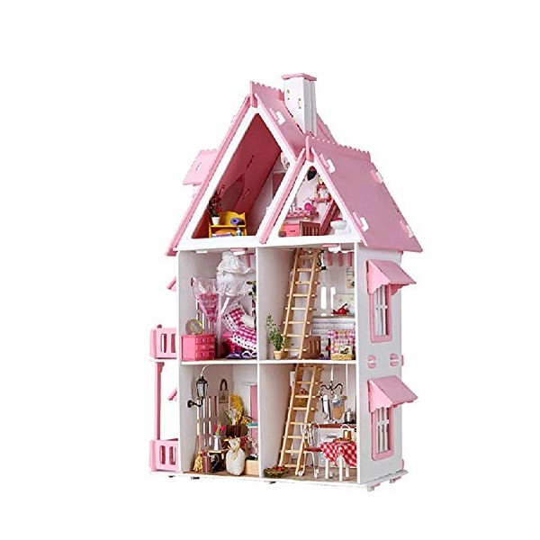 XCXDX Maison De Poupée Rose, Modèle De Maison Miniature Assemblé À La Main, Maison De Jardin avec Del, Jouet De Développement