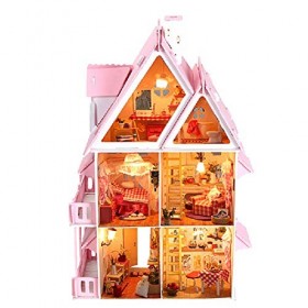 XCXDX Maison De Poupée Rose, Modèle De Maison Miniature Assemblé À La Main, Maison De Jardin avec Del, Jouet De Développement