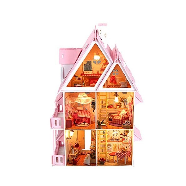 XCXDX Maison De Poupée Rose, Modèle De Maison Miniature Assemblé À La Main, Maison De Jardin avec Del, Jouet De Développement