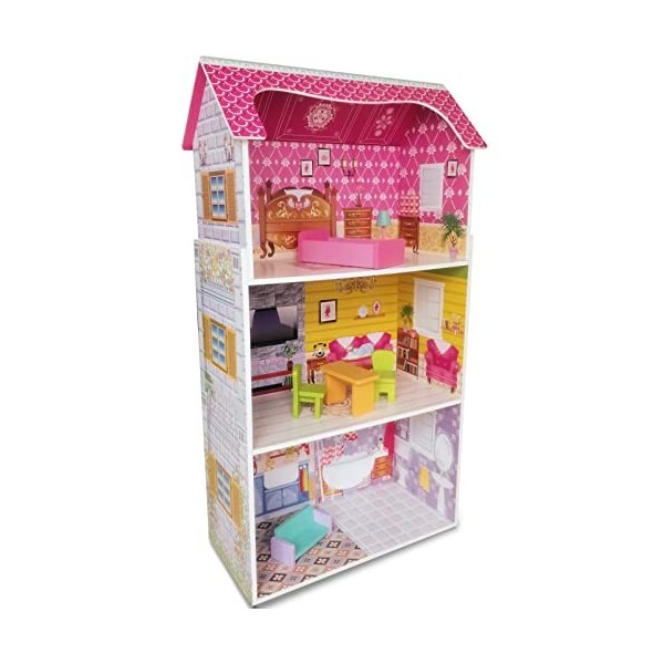 Teorema - 40602 - Maison de poupée en Bois avec 3 étages et 5 pièces - Hauteur 96 cm - Décoration