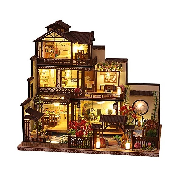 Maison de poupée 3 étages style chinois DIY maison de poupée en bois jouet miniature musique maison de poupée avec LED 3D art