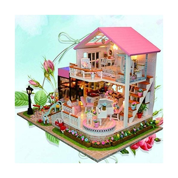 Mopoq 3D Puzzles Miniature main en bois Dollhouse bricolage Kit - doux romantique Princesse Rose Ville Série Dollhouses Acces