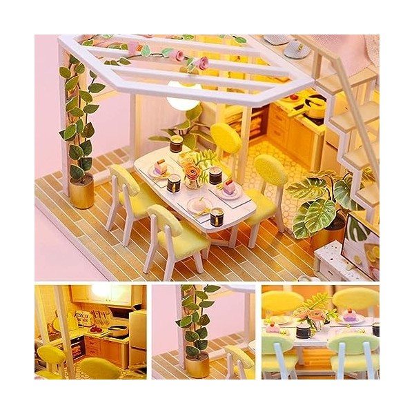 Kit de Maison De Poupée Bricolage, Kit de modèle de maison de poupée Loft rose miniature à faire soi-même avec meubles chambr