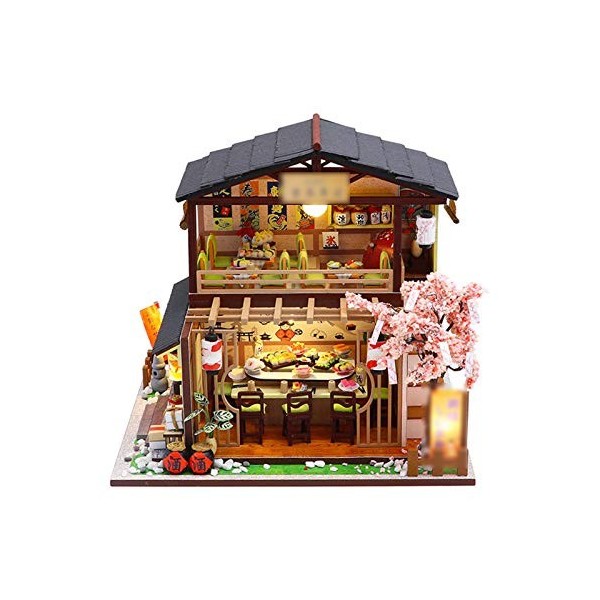 DIY Style Sushi Restaurant Dollhouse, Kit Artisanat Dollhouse Miniature avec Chapeau De Meubles Sushi Innovative Sushi Restau