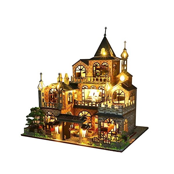 CUTEBEE Miniature avec des Meubles de Maison de poupée, kit DIY Dollhouse en Bois Ainsi Que la poussière et, 1:24 Salle créat