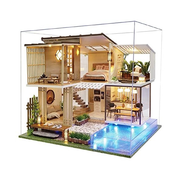 SPILAY Kit de meubles miniatures en bois pour maison de poupée, modèle Mini Villa fait à la main avec housse antipoussière et