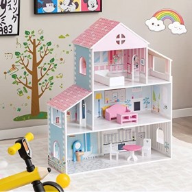 DREAMADE Maison de Poupées Enfants, Maison Rêve en Bois à 3 Étages avec 8 Accessoires de Meubles, 6 Pièces, Assemblage Facile