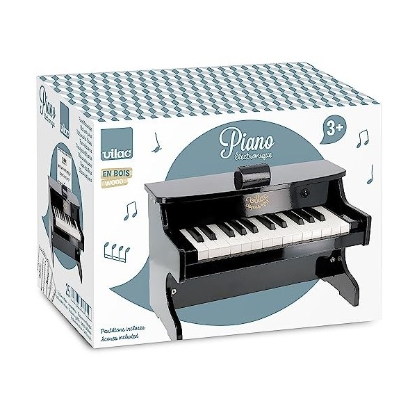 Vilac - Piano Electronique - Instrument de Musique - Jouet Educatif en Bois - Partitions Incluses - 25 Touches - Noir - pour 