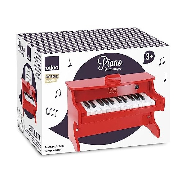 Vilac - Piano Electronique - Instrument de Musique - Jouet Educatif en Bois - Partitions Incluses - 25 Touches - Rouge - pour