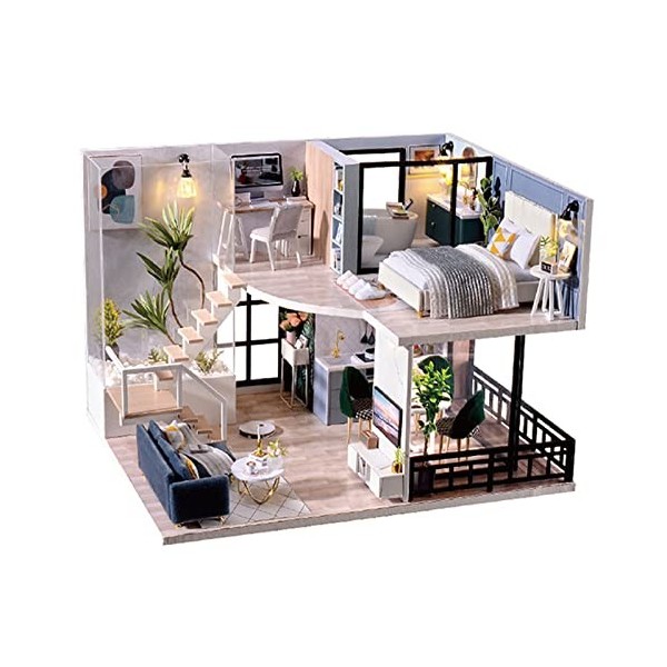 HLCUI DIY Maison Miniature, 3D Maison Poupee Bois Kit avec Meubles Et Musique, Lumière LED, Kit De Modèle Fait À La Main À Co