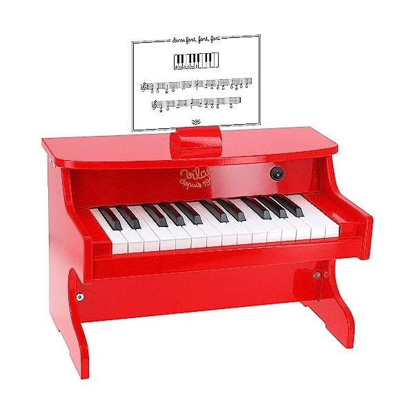 Vilac - Piano Electronique - Instrument de Musique - Jouet Educatif en Bois - Partitions Incluses - 25 Touches - Rouge - pour