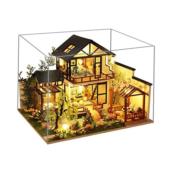 Folpus Maison de Poupée en Bois et étui Anti-poussière DIY 3D Puzzles Building Home Decor