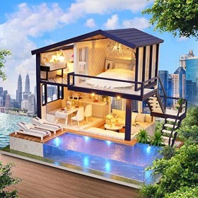 Kit de Petite Maison de Bricolage Maison de Poupée en Bois 33 × 29 × 9 Villa Miniature en Bois de Bricolage avec Piscine Asse