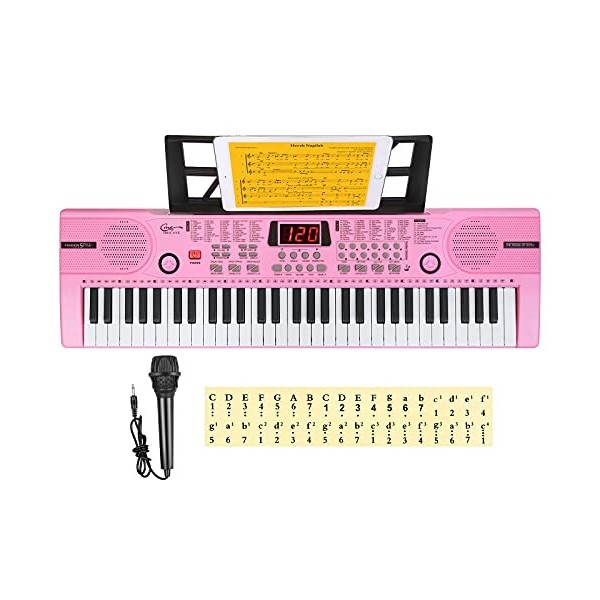 Hricane HEP-612R Clavier Midi pour enfants 61 touches, piano numérique portable, piano électrique, avec microphone, pupitre e