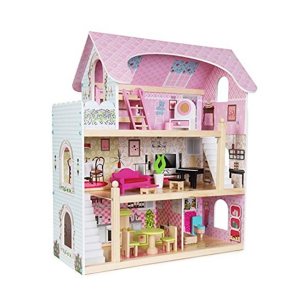 boppi Maison de poupées en Bois à Trois étages + 16 Meubles Accessoires