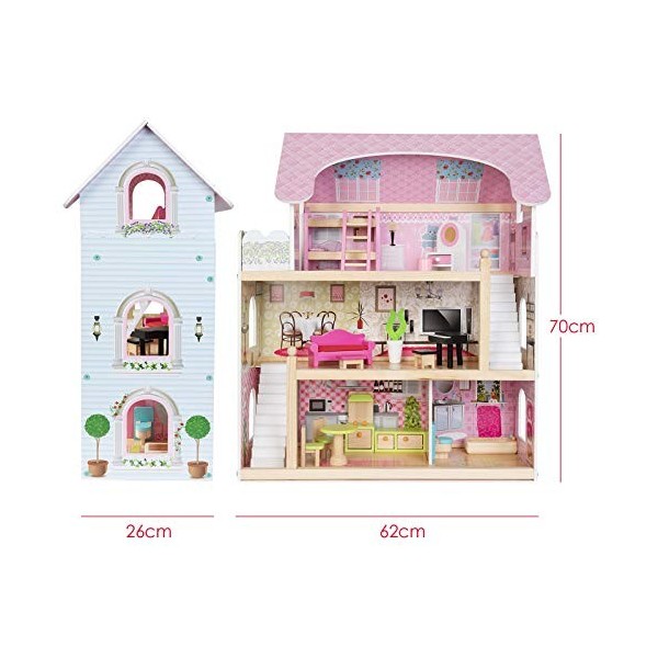 boppi Maison de poupées en Bois à Trois étages + 16 Meubles Accessoires