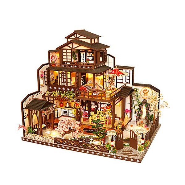 Erhumama rétro japonais Miniature Villa trois étages Kit de maison de poupée avec lumières LED grande maison en bois cadeau d