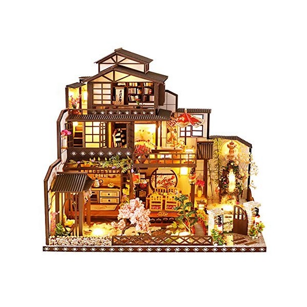 Erhumama rétro japonais Miniature Villa trois étages Kit de maison de poupée avec lumières LED grande maison en bois cadeau d