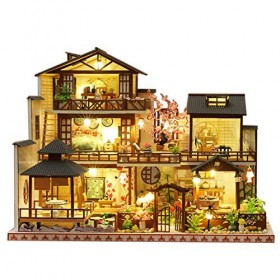 erhumama Maison de poupée miniature de style japonais à monter soi-même avec éclairage LED - Grande maison de poupées en bois