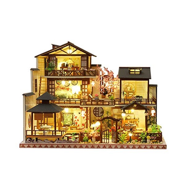 erhumama Maison de poupée miniature de style japonais à monter soi-même avec éclairage LED - Grande maison de poupées en bois