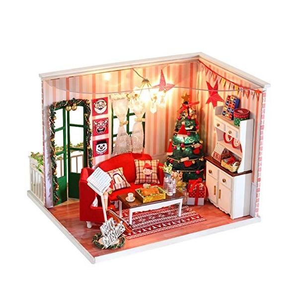 Puzzle 3D DIY Miniature Maison de Poupée de Collection Kit de Modèle de Maison de Noël en Bois Dollhouse avec Lumière LED Cou