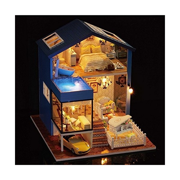 Maison De PoupéE en Bois Miniature,Dinglong Doll House Meubles DIY Miniature Dust Cover avec LED LumièRe 3D Miniaturas en Boi