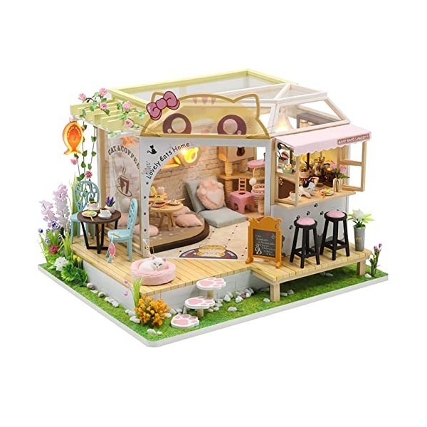 DLGF Maison de Poupée avec Cache-Poussière et Musique, Maison de Poupées en Bois Chat Café avec Meubles pour Cadeaux Créatifs