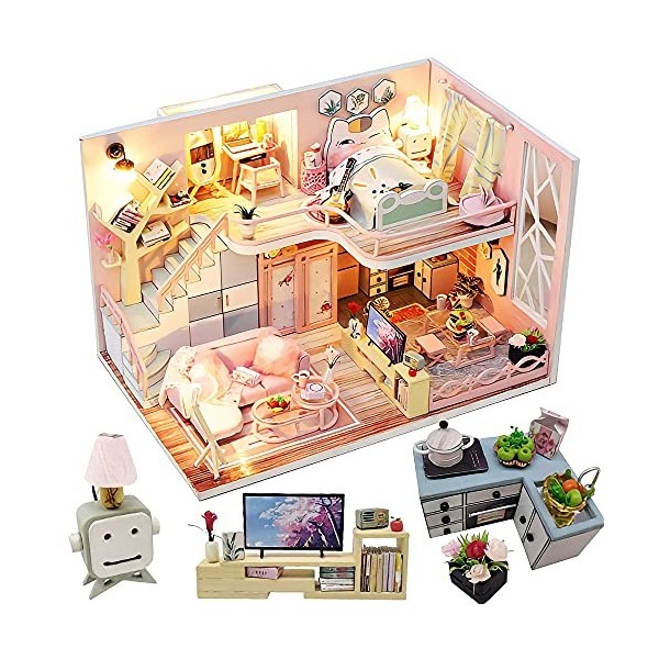 Kisoy Maison de poupée miniature avec kit de meubles, fait à la main, modèle de maison pour adolescents et adultes, cadeau h