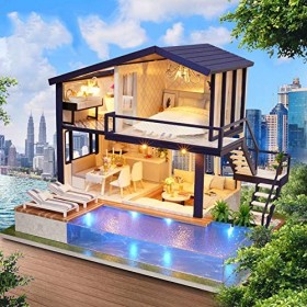 FZ FUTURE Miniature avec des Meubles De Maison De Poupée, Kit DIY Dollhouse en Bois Ainsi Que La Poussière Et Le Mouvement De