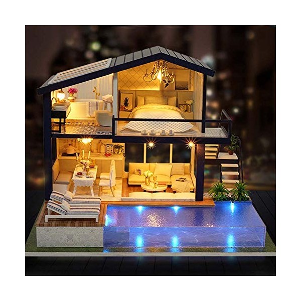 Kit de Maison de poupée Miniature Bricolage Villa en Bois avec Piscine Modèle Kits Décorations de Noël Cadeaux pour la Famill